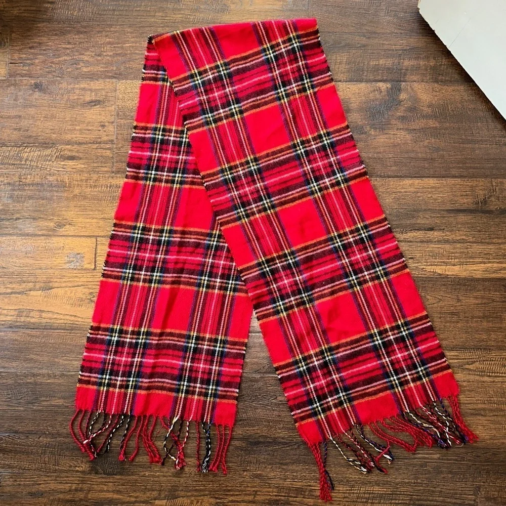 Red Tartan Plaid Scarf with Fringe Ends